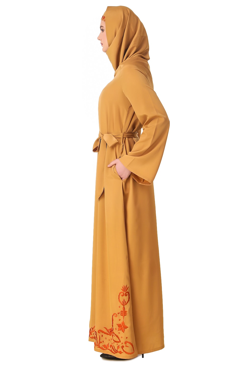 Raglan Sleeves Floral Embroidered Bottom Abaya with Waist Belt