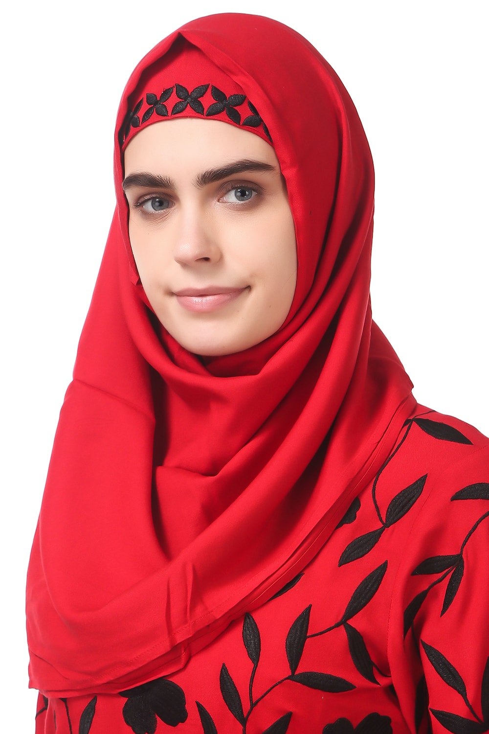 Black Floral Embroidery Red Rayon Abaya