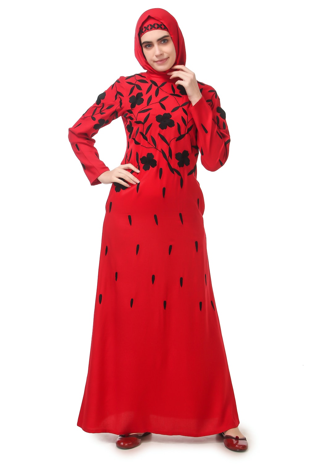 Black Floral Embroidery Red Rayon Abaya