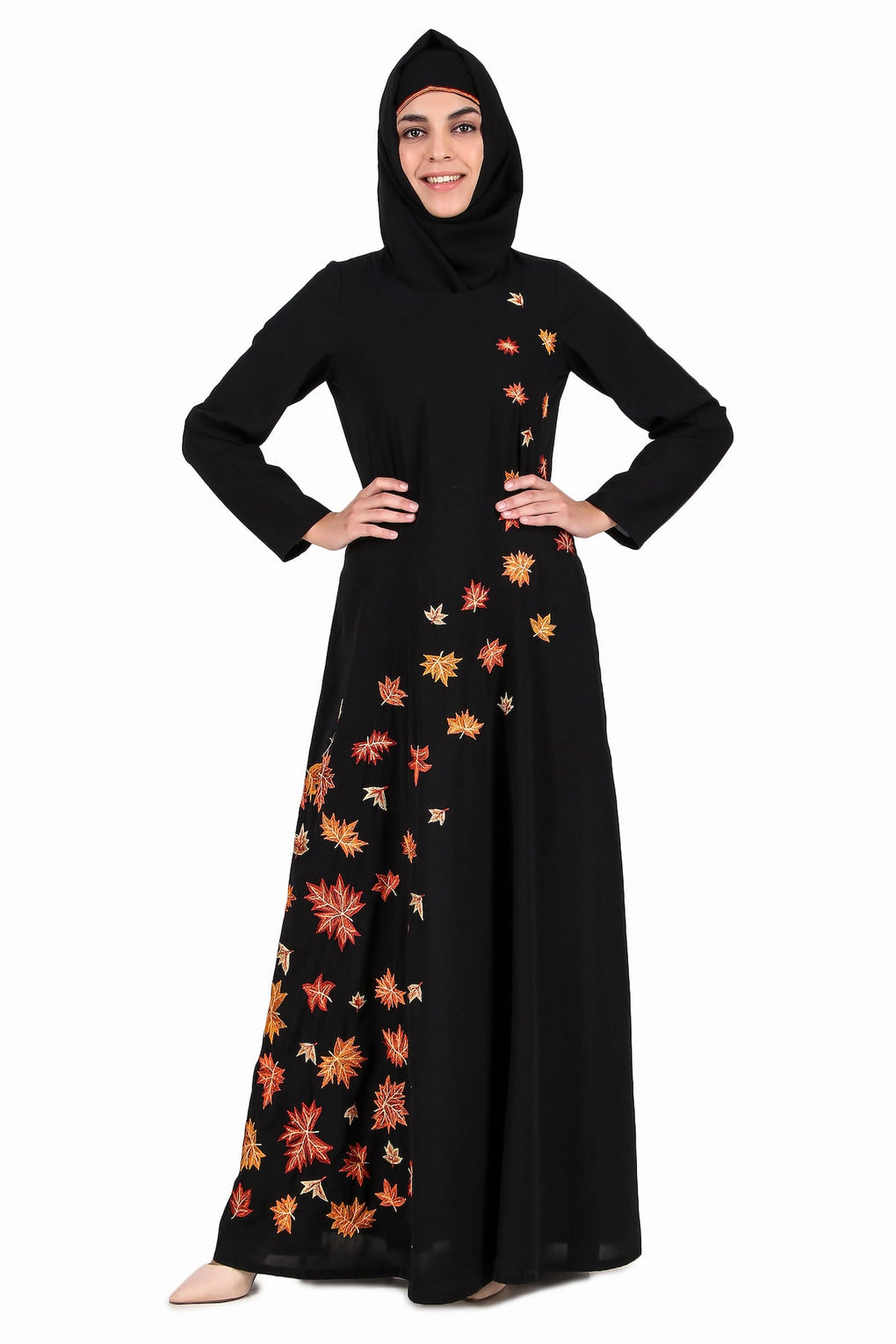 Falling Leaf Embroidery Flared Abaya