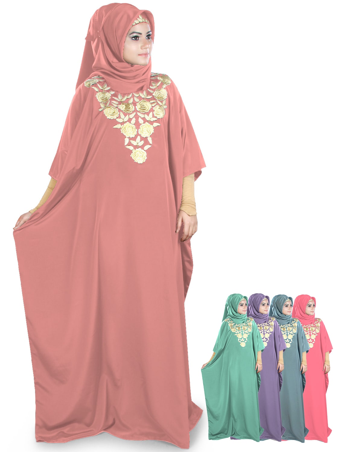 A model wearing a pink Naeema Kaftan with floral embroidery at the neckline, also showing matching colors for hijab and belt.
