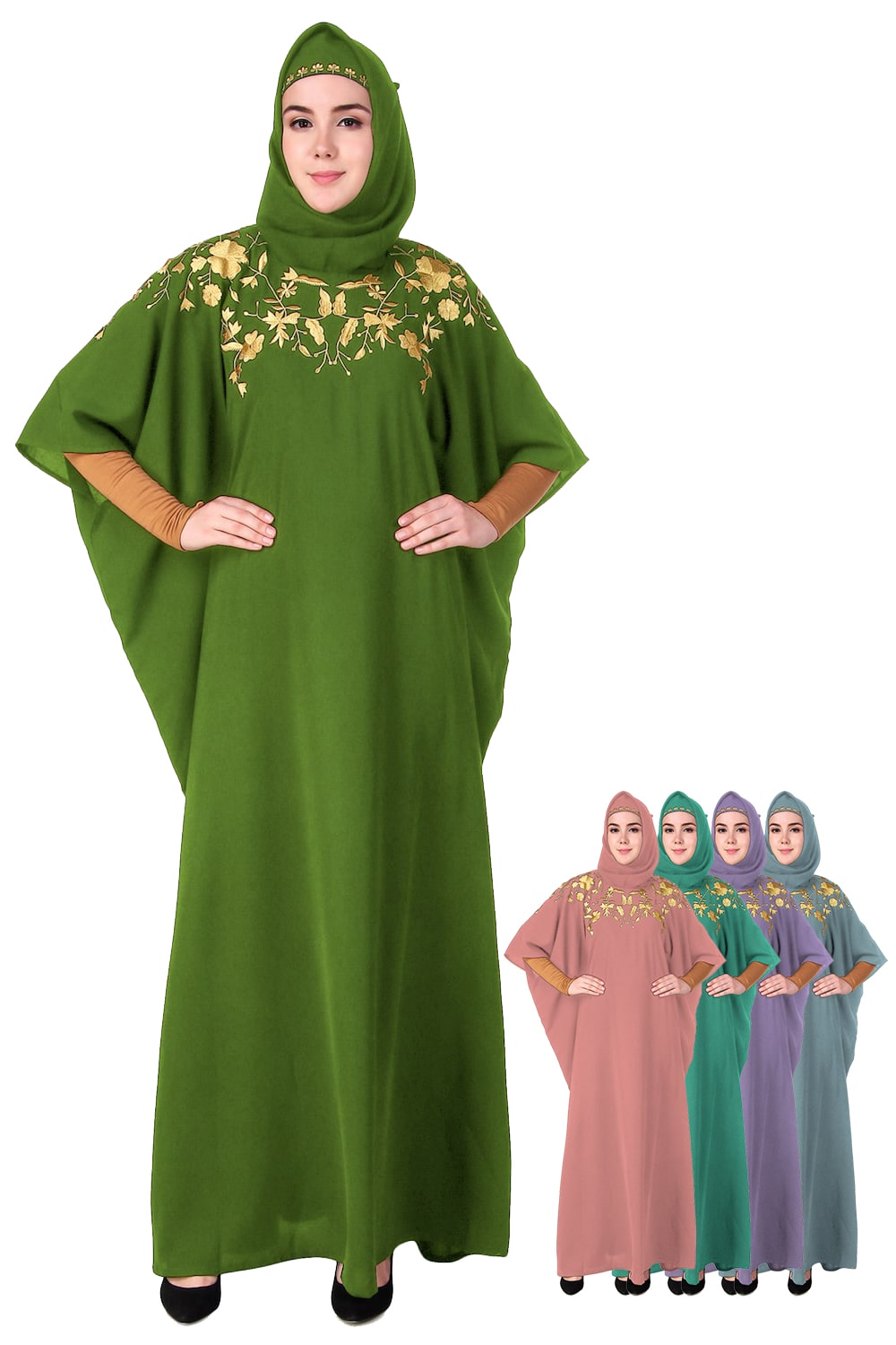 A model wearing a green hand embroidered floral Kaftan with round neckline and an adjustable belt at waistline. The Kaftan has a crepe/nida fabric texture and decorative floral embroidery on the neck.