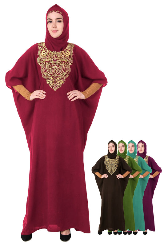 A model wearing a red and brown floral hand embroidered kaftan with a round neckline and an adjustable belt at the waistline. The image also shows a smaller size version of the kaftan in green, and a separate view of a woman wearing a similar kaftan in red.