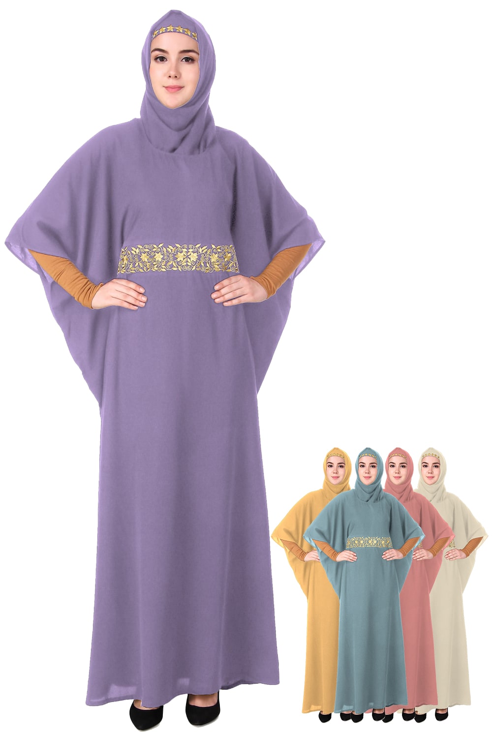 A model wearing a purple kaftan with floral embroidery at the waist, alongside smaller images of the same garment in different colors.