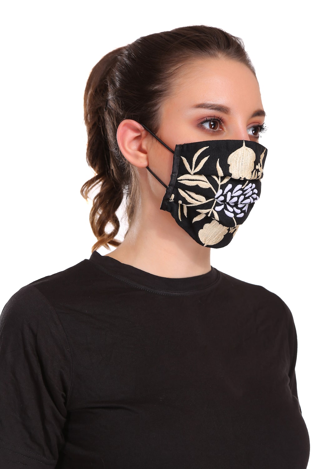 Floral Embroidered Black Rayon Pleated Face Mask