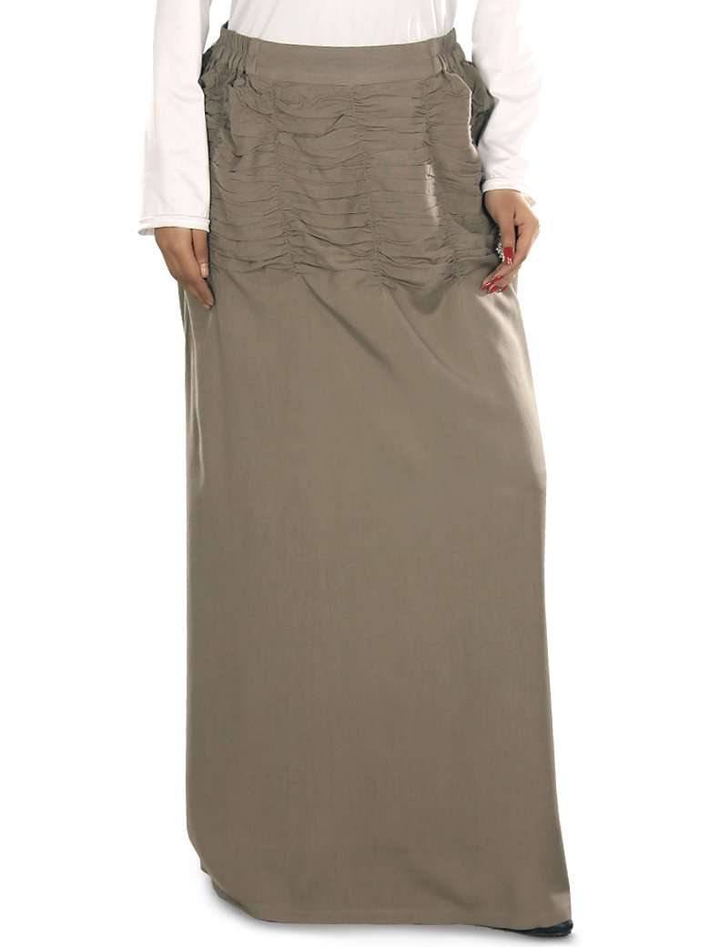 A khaki-colored, linear skirt with a gathered top and elastic waist back, suitable for casual and party wear.