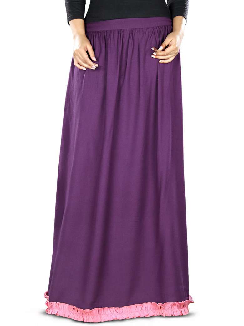 A purple and pink striped rayon skirt with an elastic waist and a frilled lace patch at the bottom.