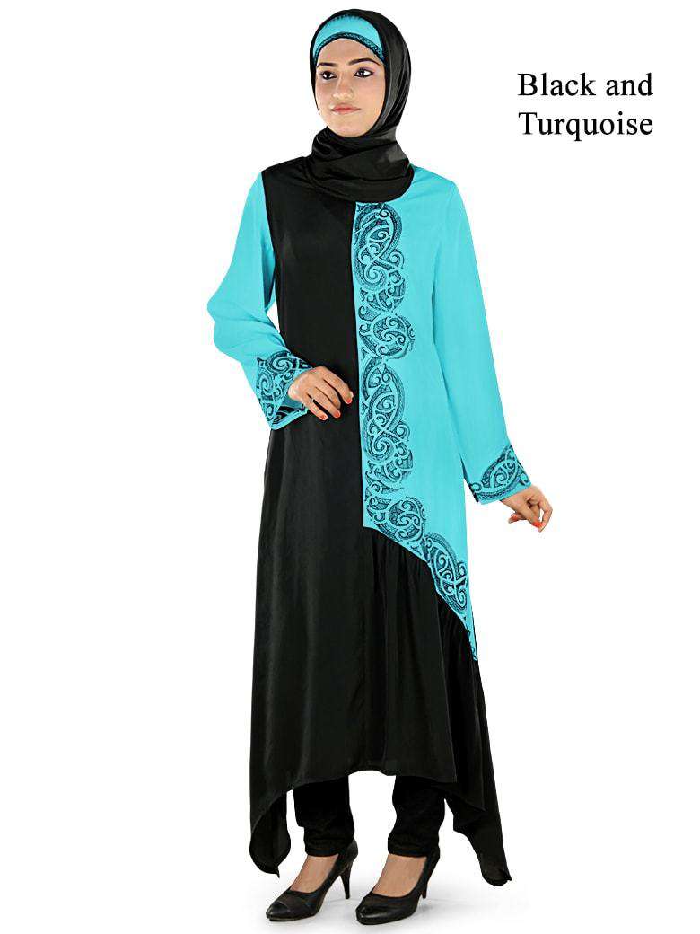 Ara Short Abaya Black & Turquoise