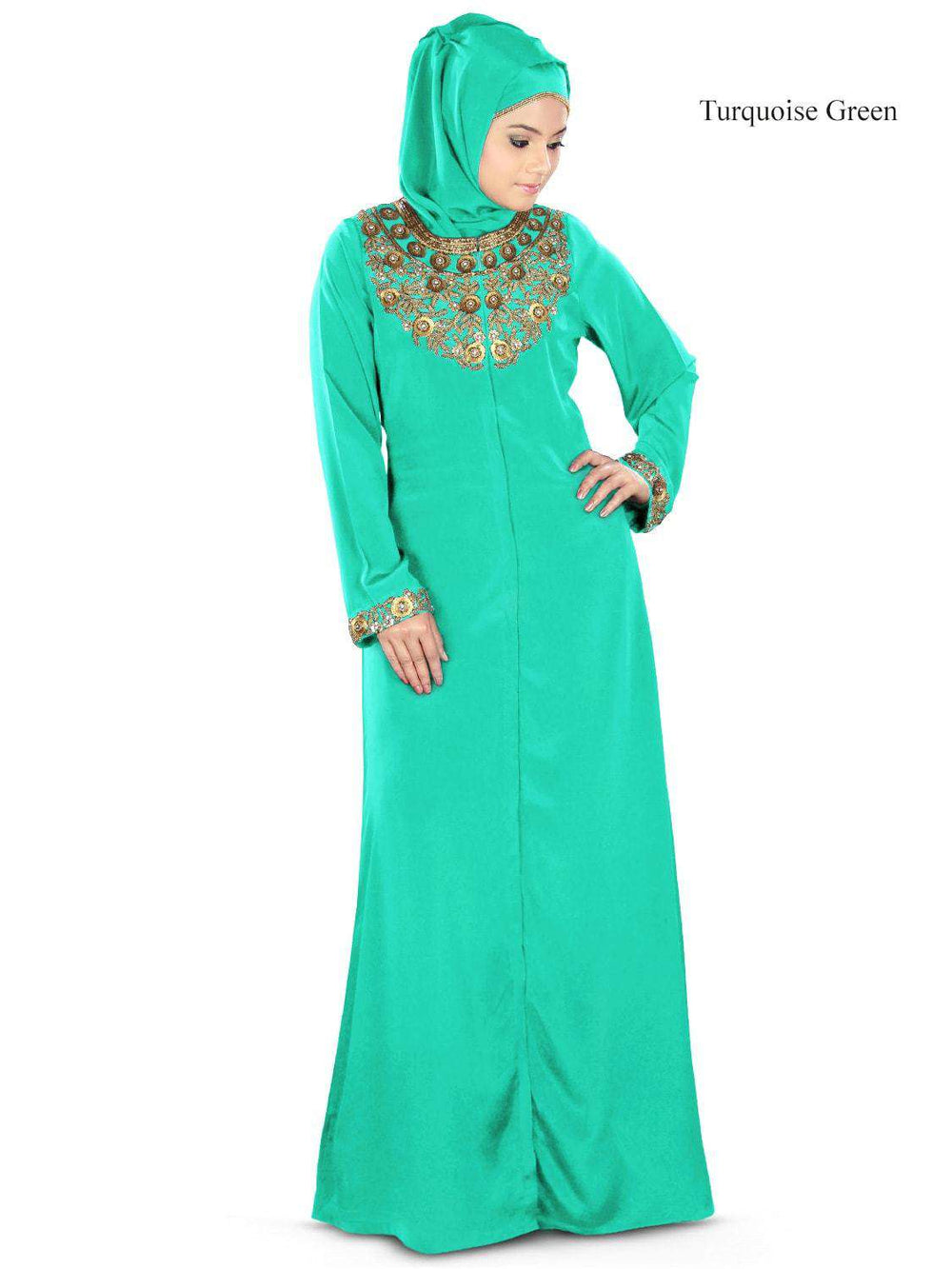 Fiddah Gold Hand Embroidered Burqa Turquoise Green
