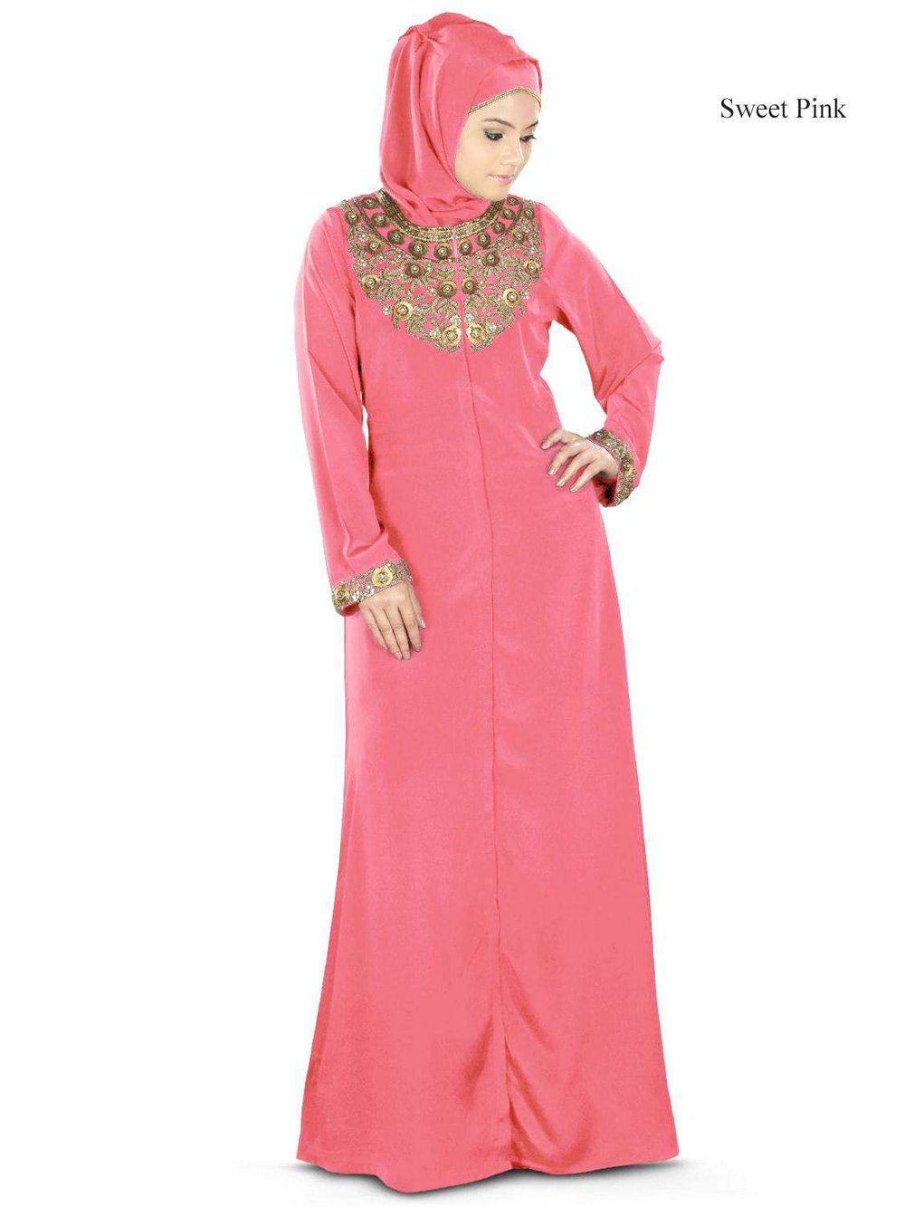 Fiddah Gold Hand Embroidered Burqa Sweet pink