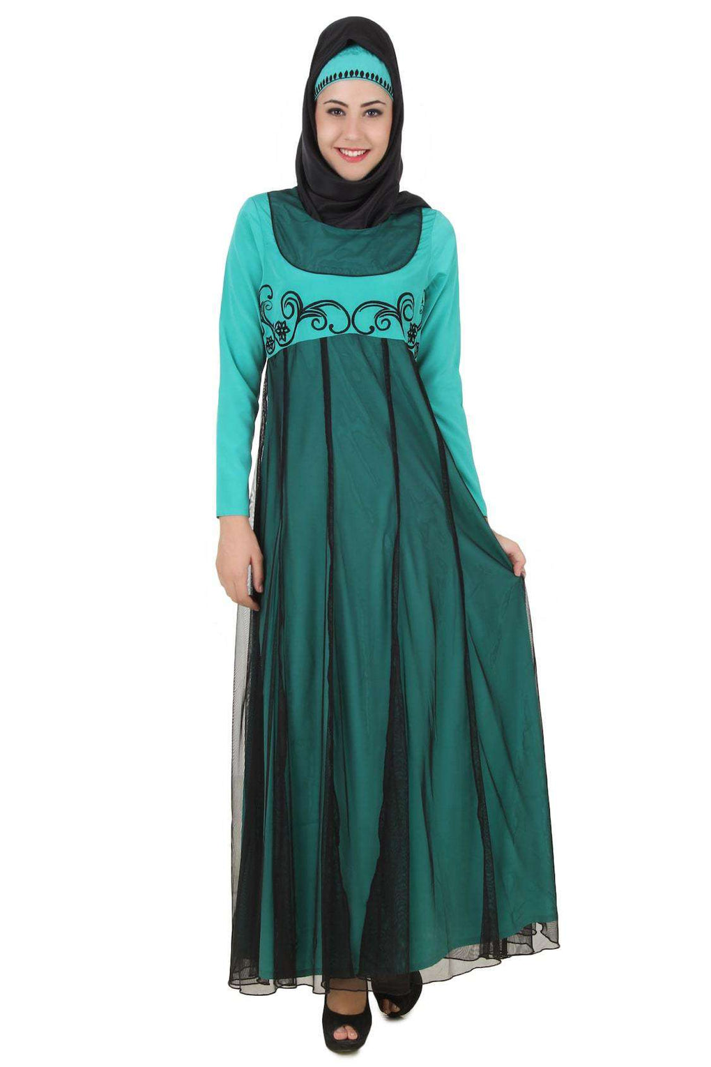 Manab Fancy Turquoise-Green and Black Net and Crepe Abaya