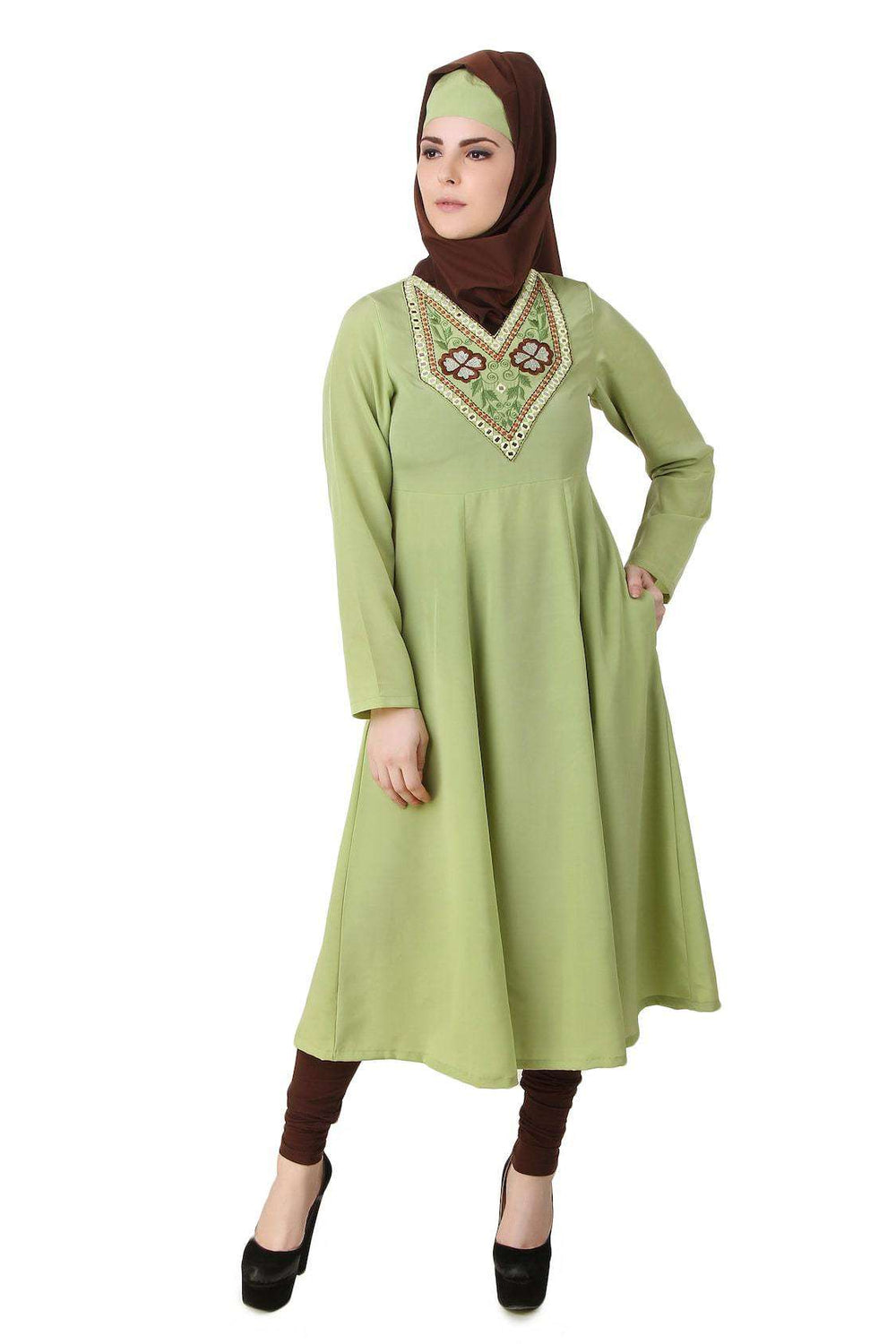Ghusoon Parrot Green Crepe Short Abaya Front