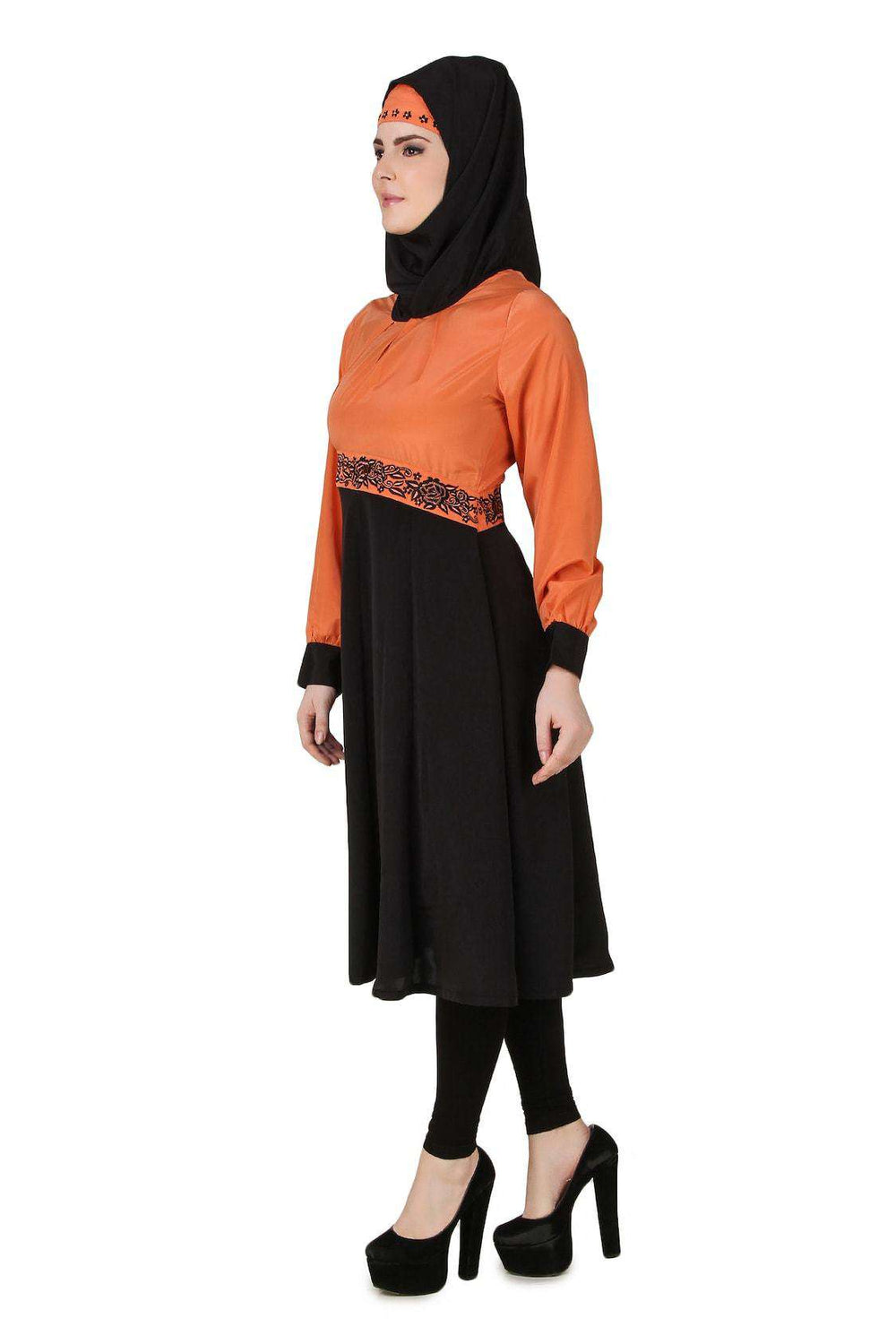 Barika Black & Orange Crepe Short Abaya Side