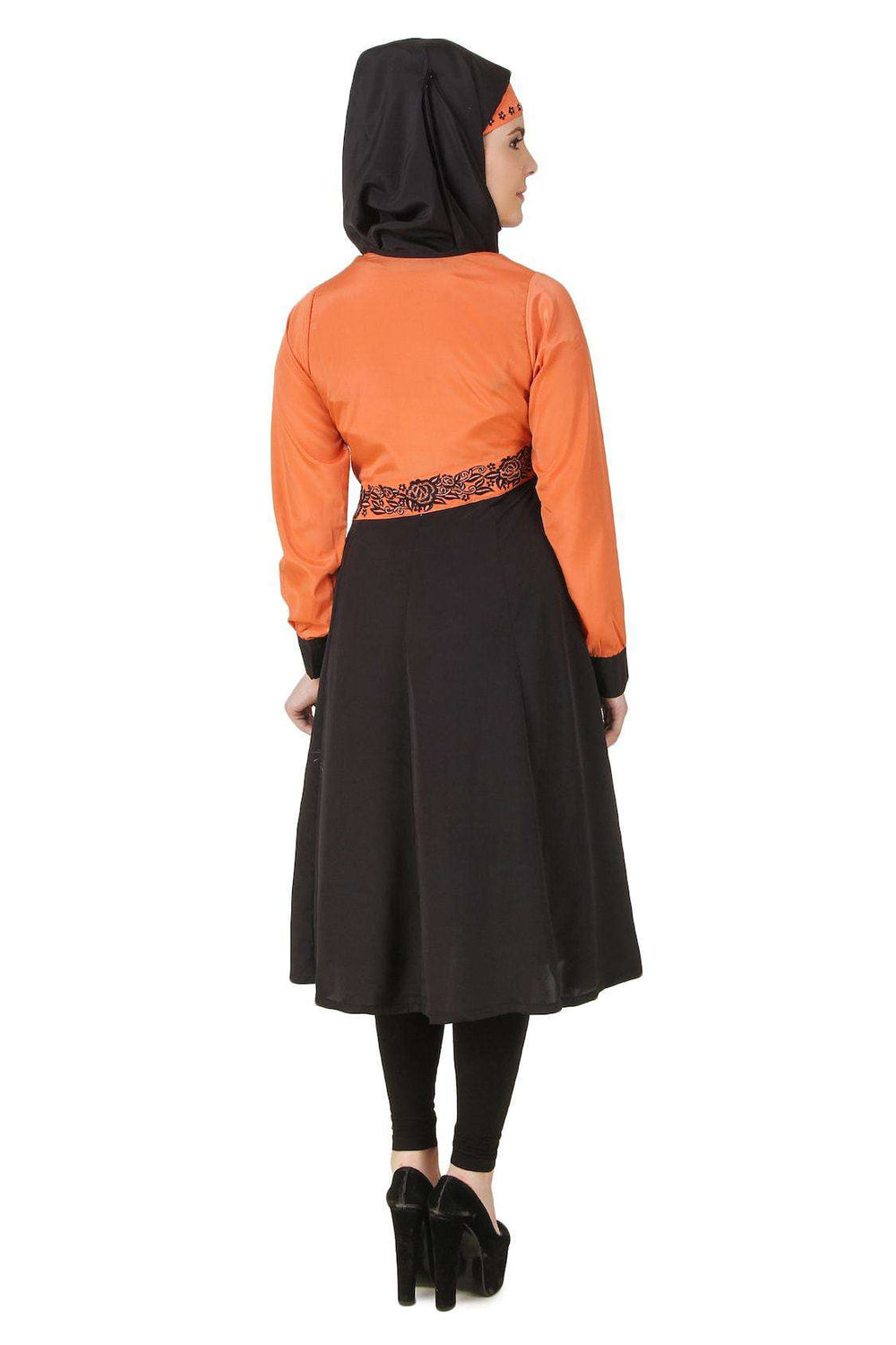 Barika Black & Orange Crepe Short Abaya Back
