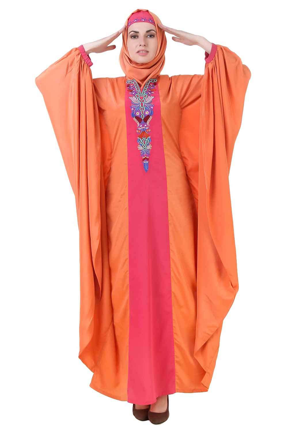 Orange Batwing Style Crepe Abaya Front