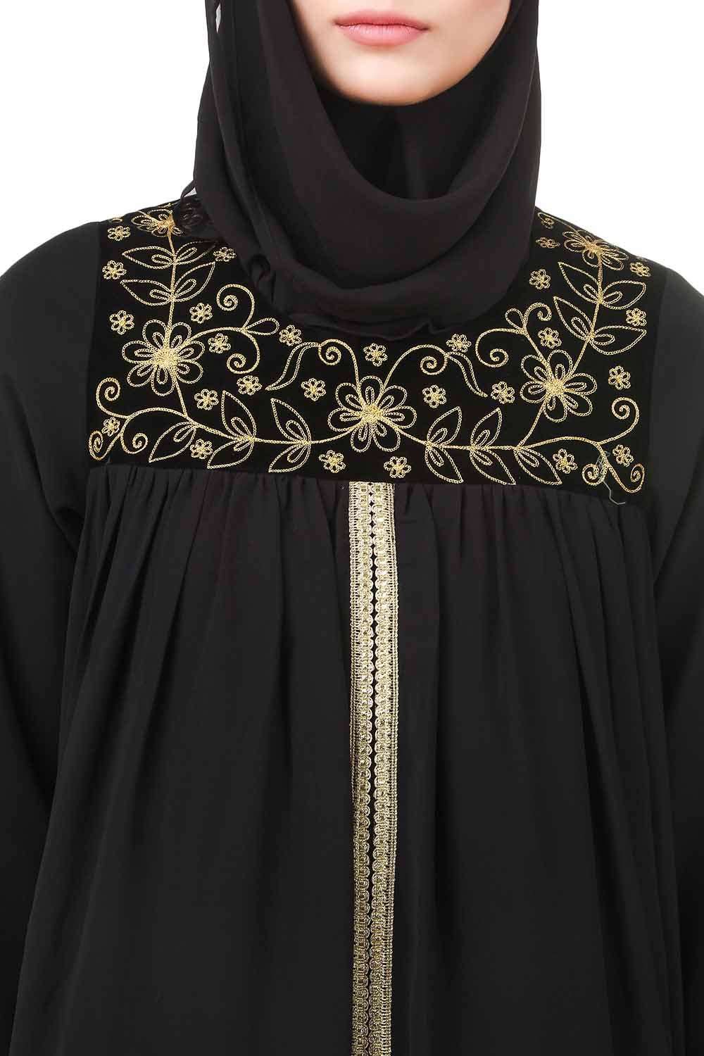 Black Dual Layer Nida & Georgette Embroidered Abaya AY-707 Front Design