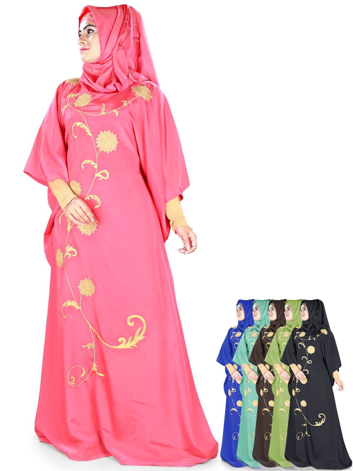 A model wearing a pink Aiza Kaftan with gold zari embroidery, alongside images of the kaftan in different colors and a close-up of the fabric showing the embroidery detail.