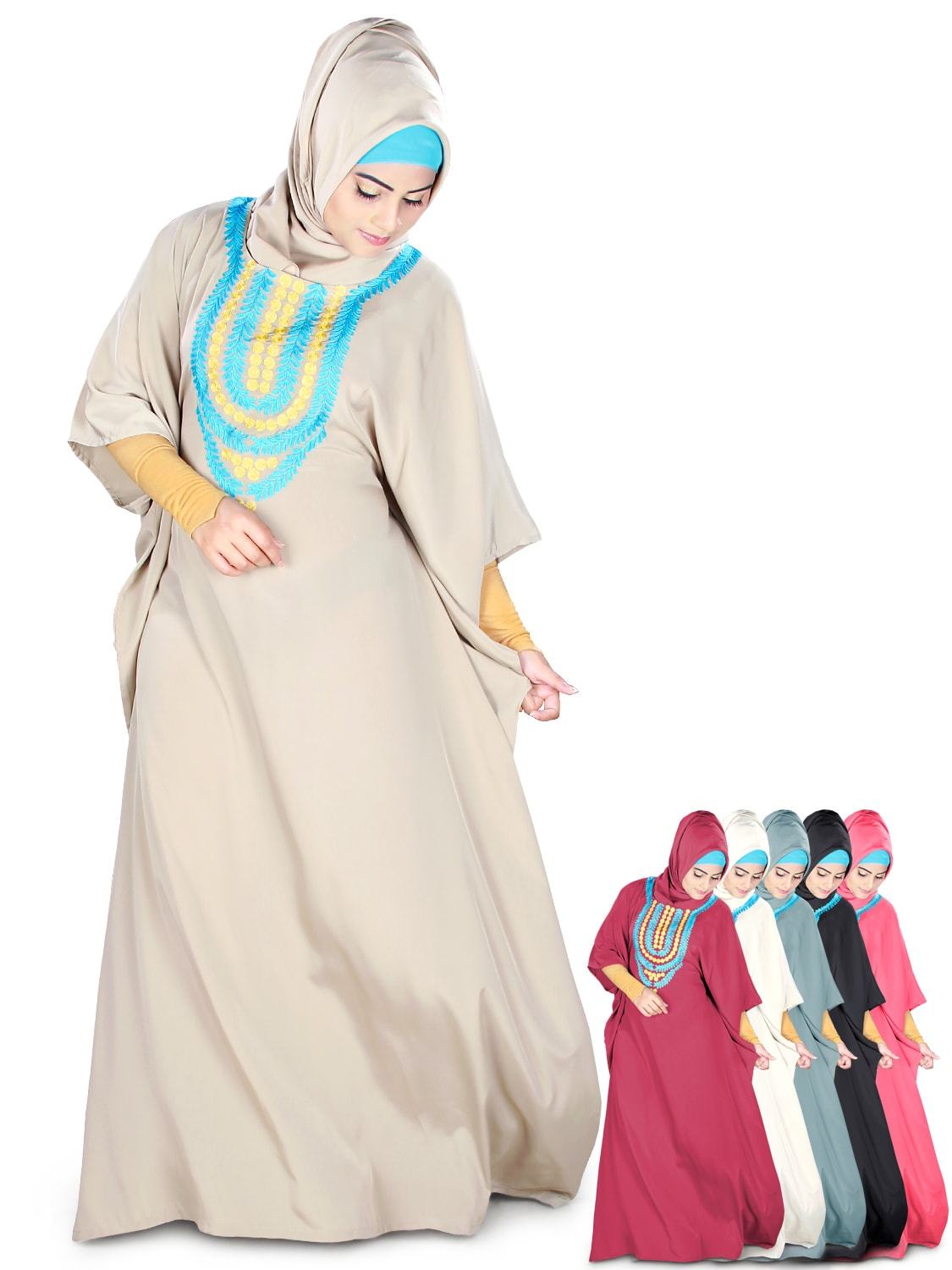 A model wearing a beige kaftan with round neckline and blue embroidery on the neck, also showing a matching headscarf.