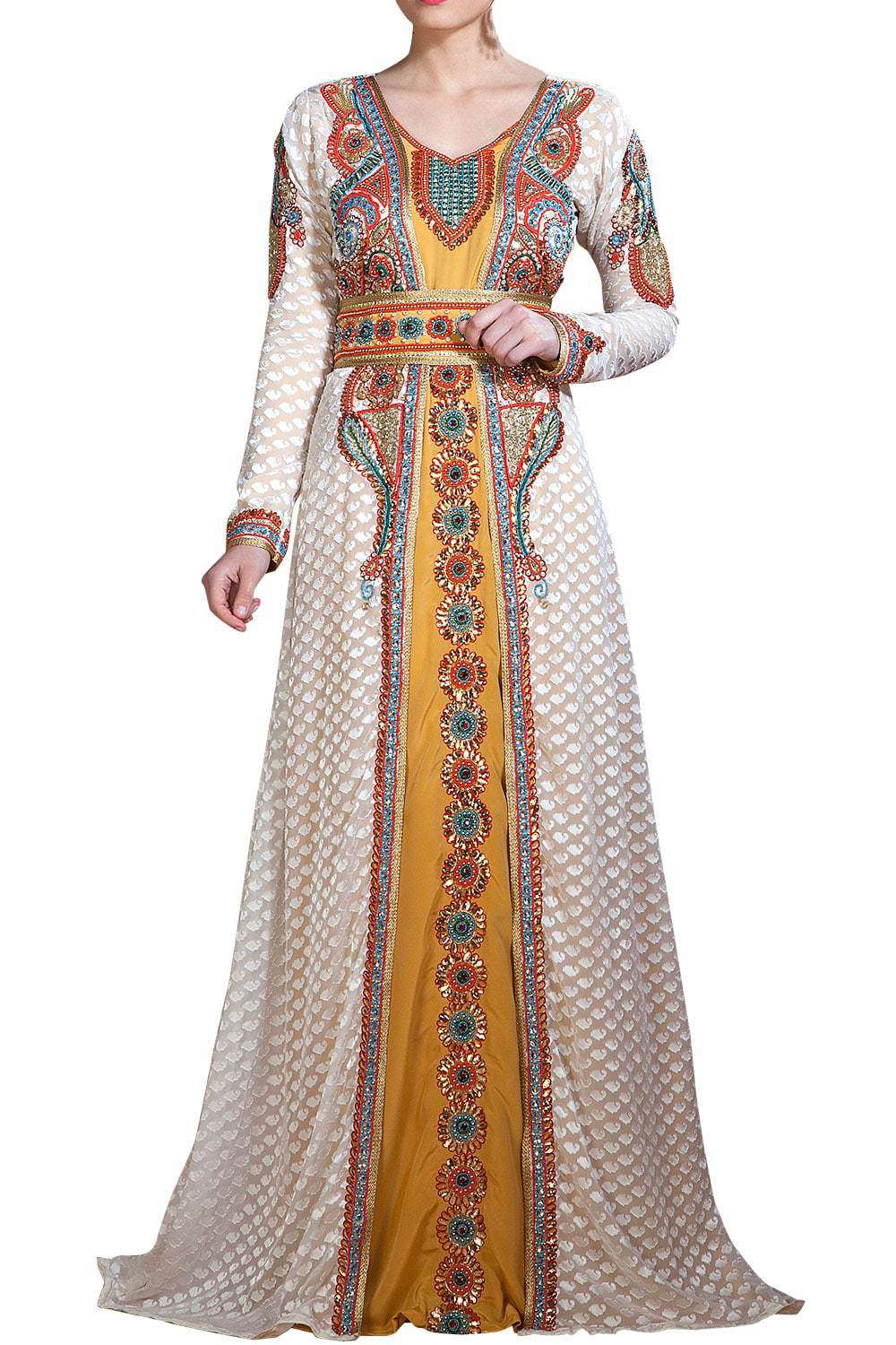 Off White and Golden Color Hand Beaded Moroccan Kaftan