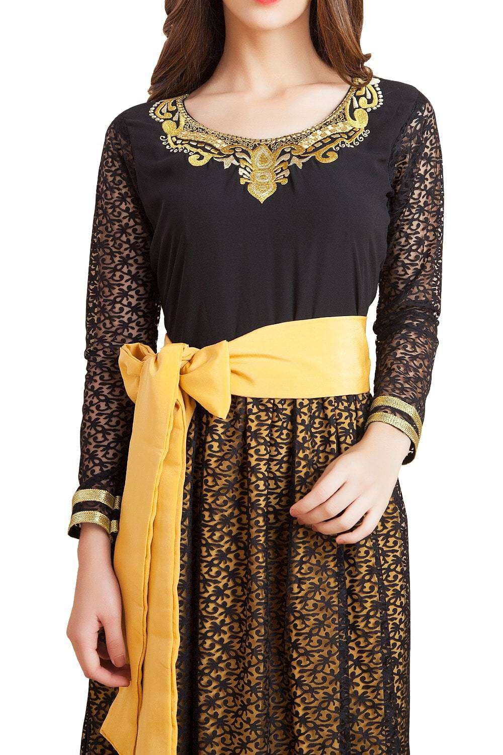 Yellow and Black Color Net Brasso Thread Work Arab Dubai Style Islamic Dress