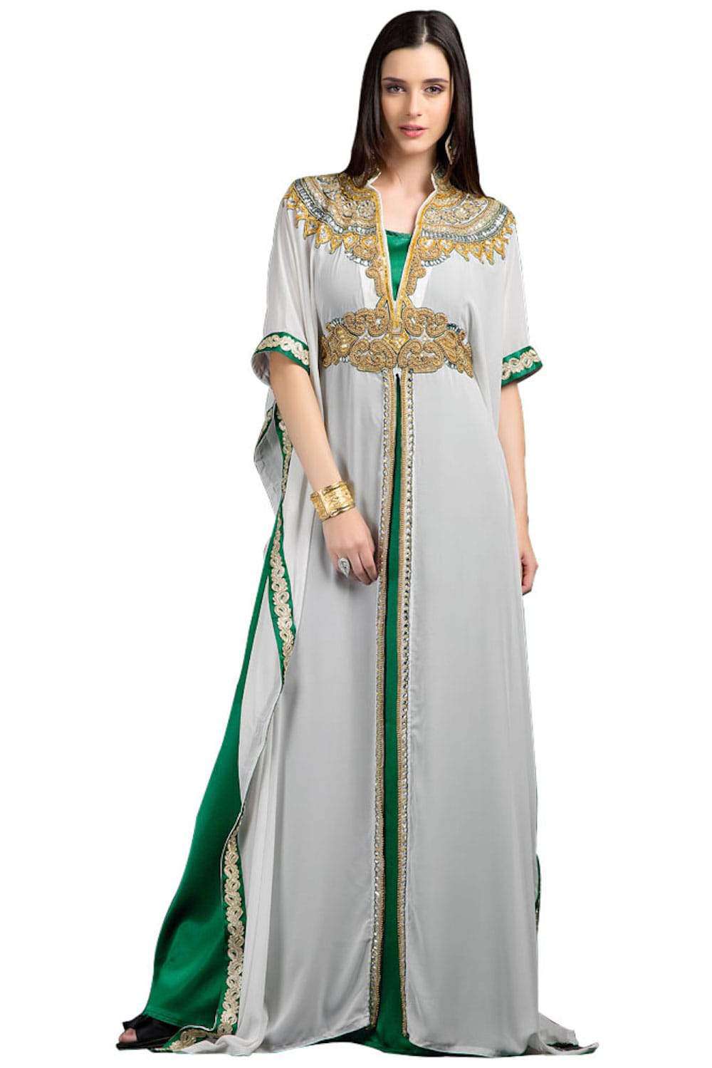 Green & White Color Long Dress With Hand Work