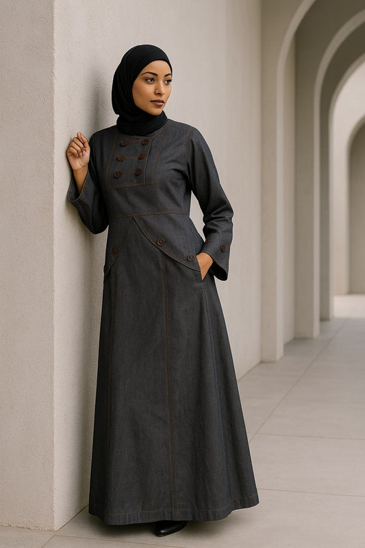 Woman wearing a black abaya in an architectural setting