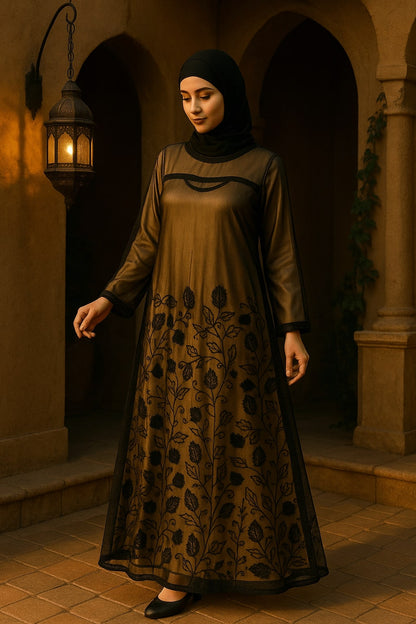Woman in a long, dark green dress with floral patterns standing in a dimly lit archway.