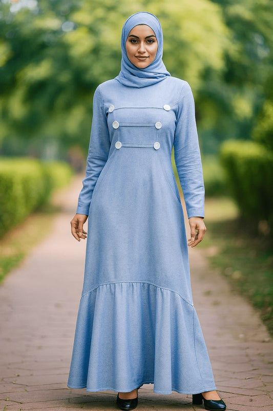 Woman wearing a light blue dress with buttons and a matching hijab in a park setting.