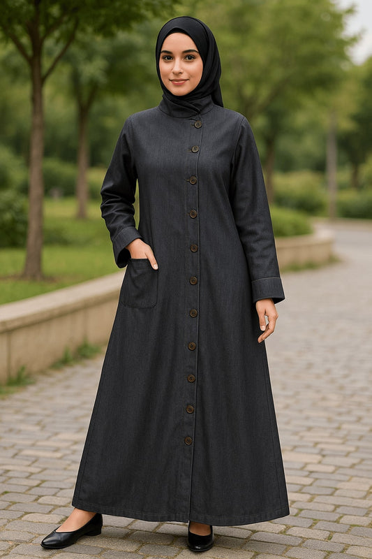 Woman wearing a long black dress with buttons in an outdoor setting