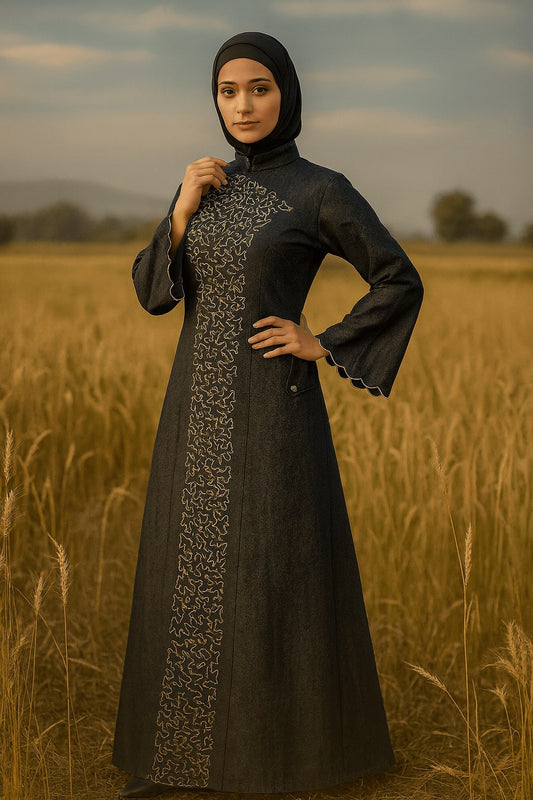 Woman in a black dress with intricate patterns standing in a field.