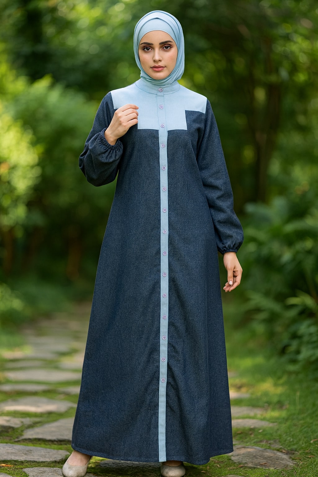Woman wearing a long dark blue dress with a light blue hijab standing outdoors.