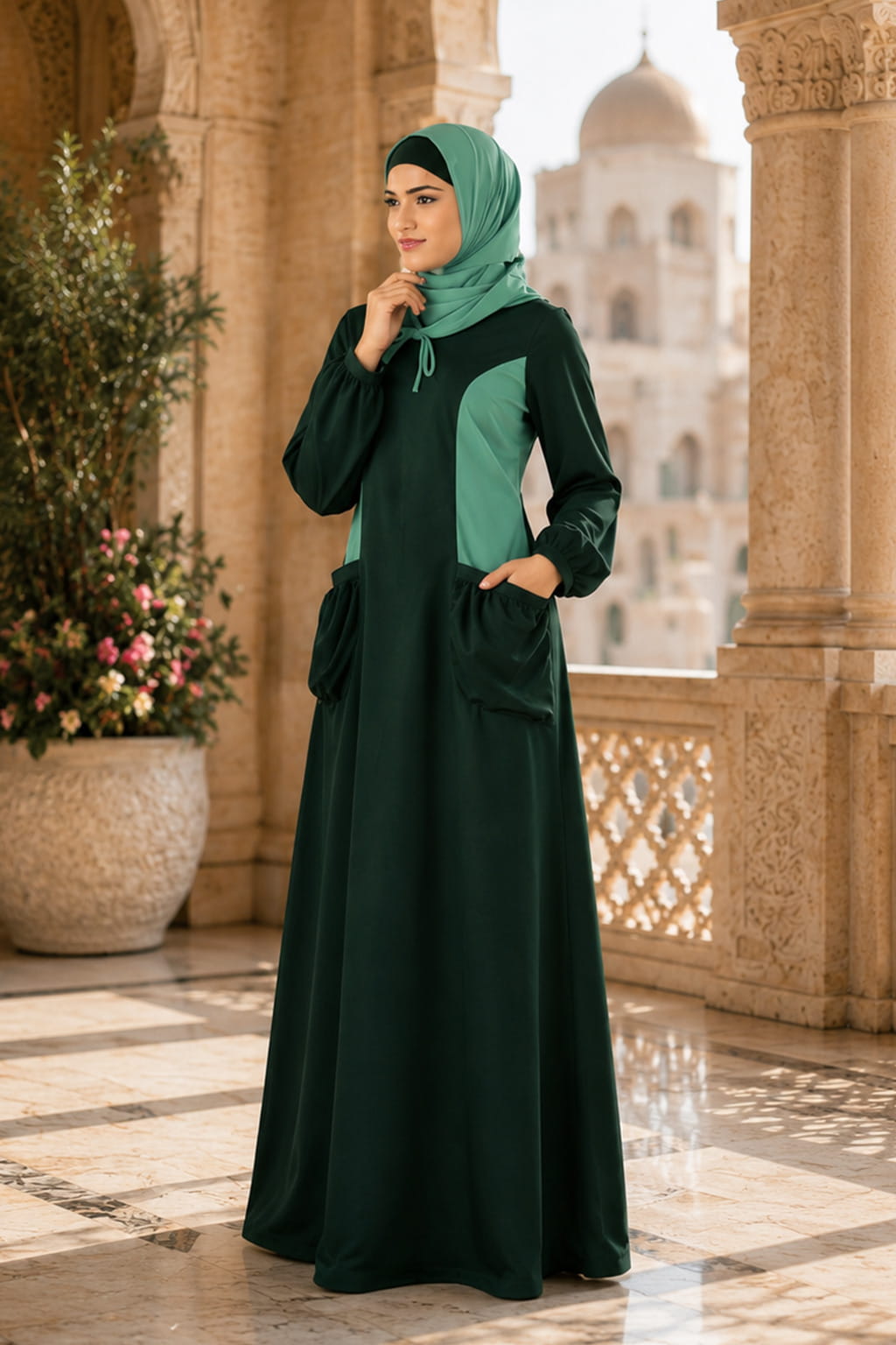 Woman in a green and dark green abaya standing in an architectural setting with columns and plants.