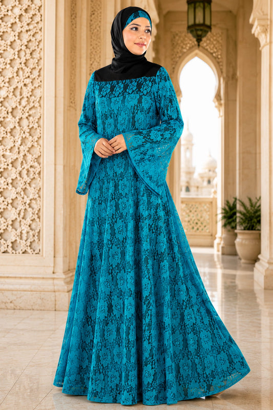 Beautiful Turquoise Blue Flower Net Abaya