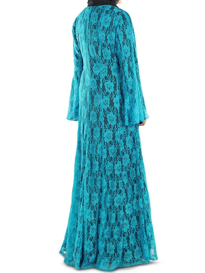 Beautiful Turquoise Blue Flower Net Abaya
