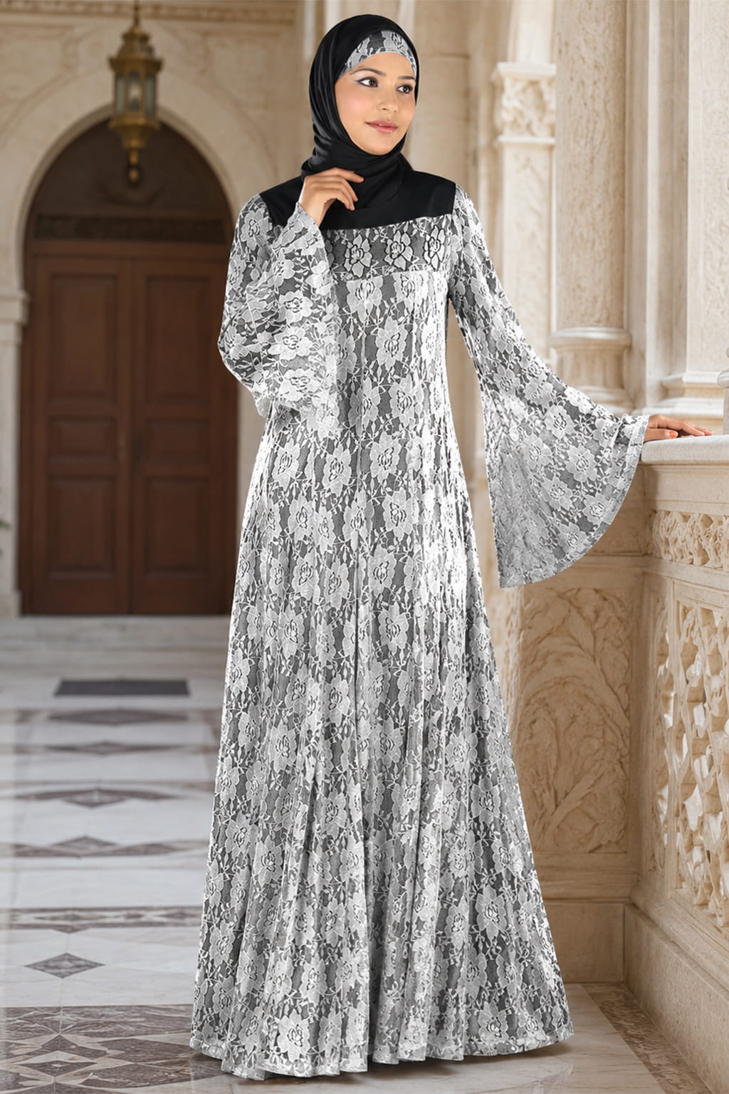 Beautiful White Flower Net Abaya