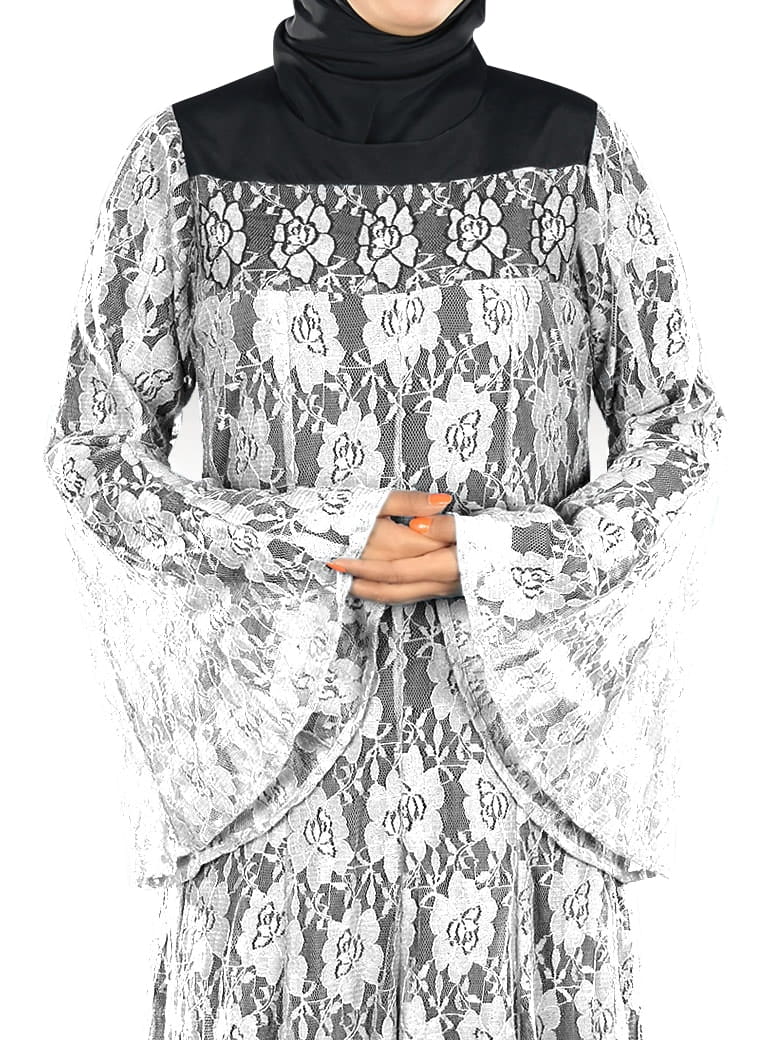 Beautiful White Flower Net Abaya