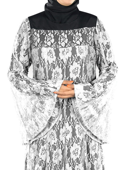 Beautiful White Flower Net Abaya