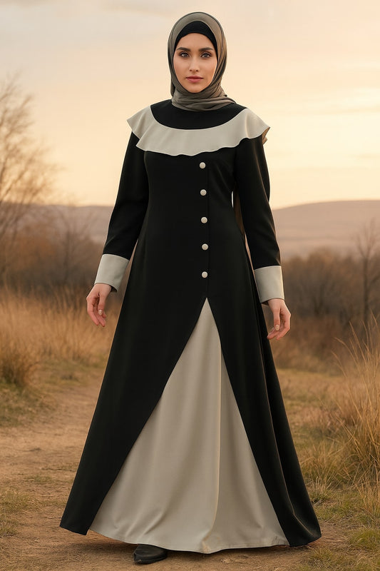 Woman wearing a black and beige dress with a hijab in a field at sunset