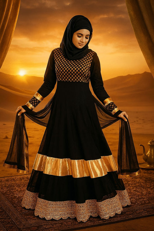 Woman in a black and gold dress with a hijab against a sunset desert backdrop