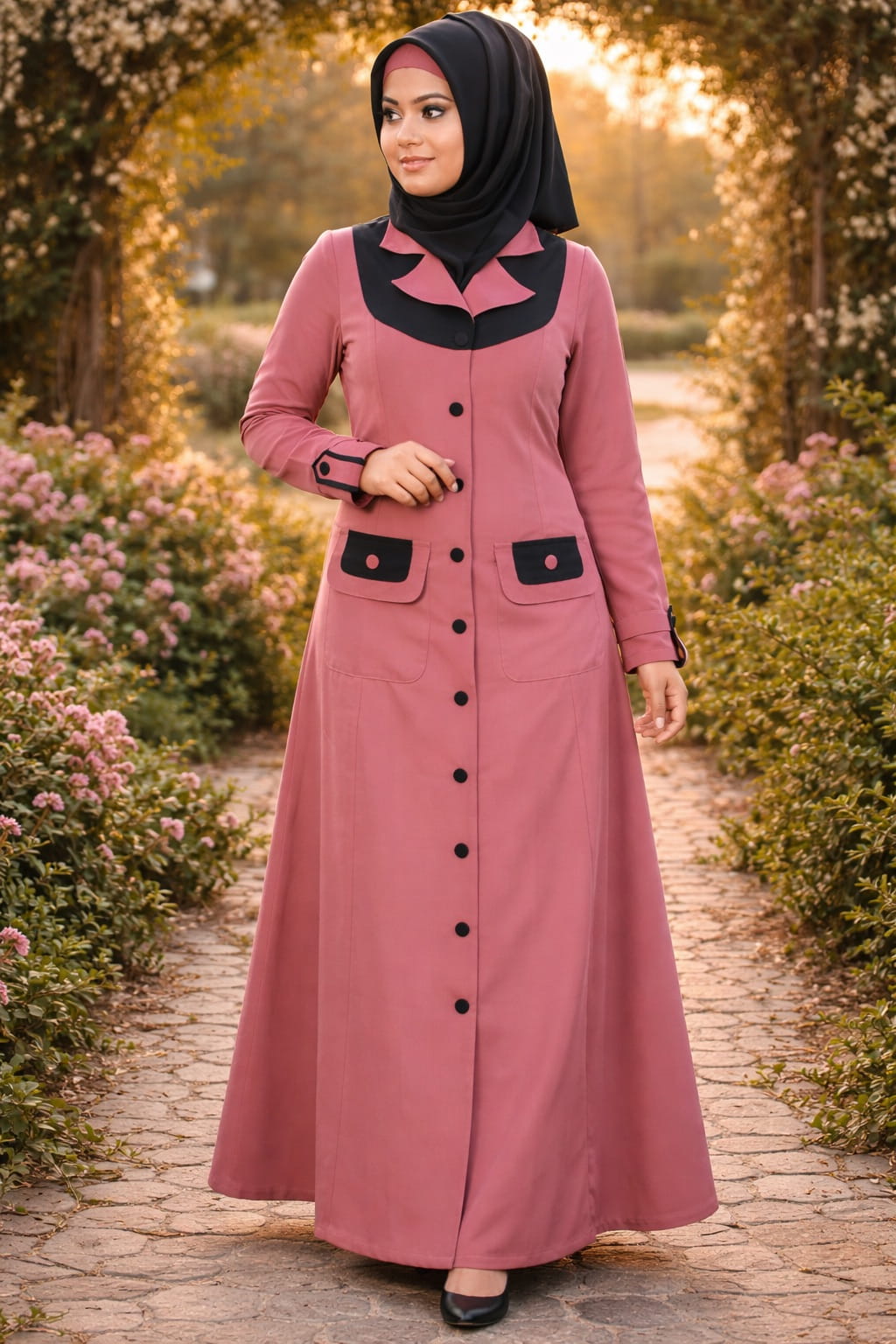 Woman wearing a pink dress with black accents in a garden setting