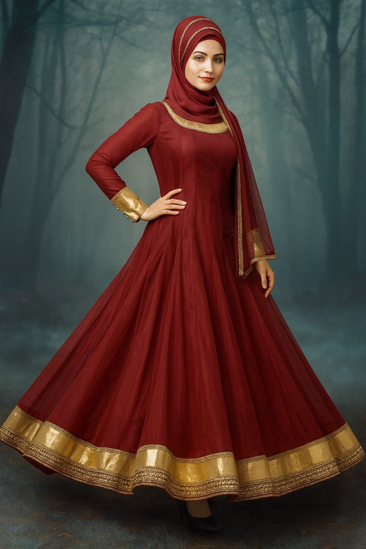 Woman in a red dress with gold accents standing in a forest setting