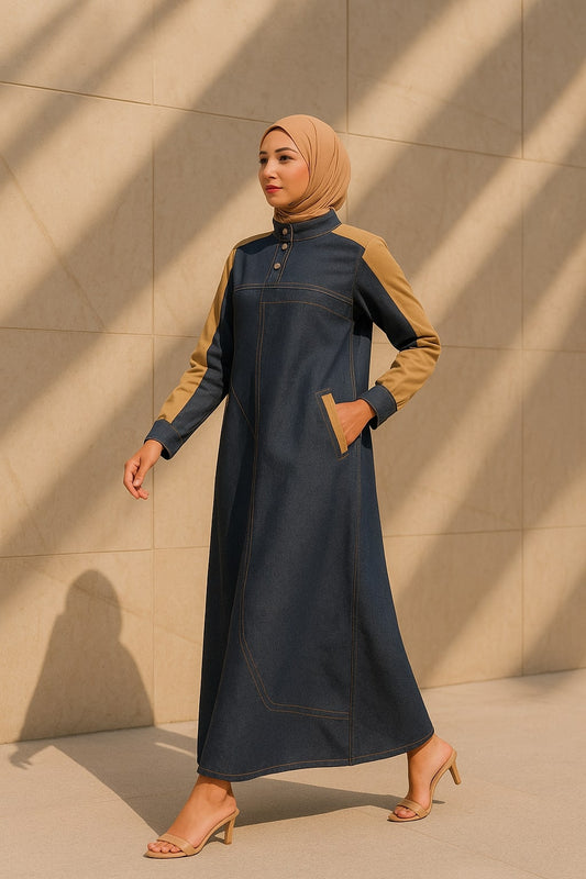 Woman wearing a long dark blue dress with brown sleeves against a beige wall.