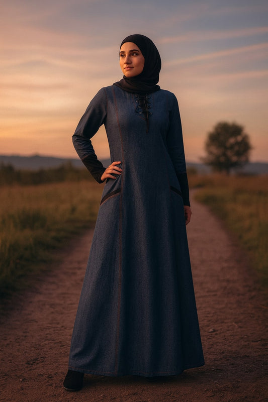 Woman in a long dark dress standing on a dirt path with a sunset sky.