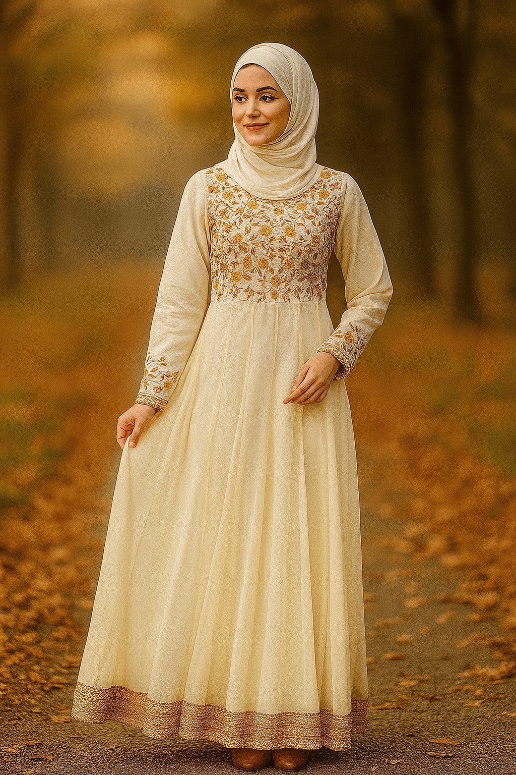 Woman in a long, light-colored dress with floral patterns standing in an autumn forest.