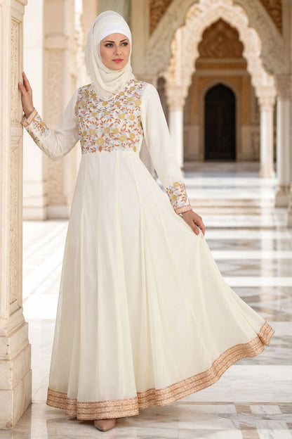 Zaeemah Net & Crepe Off White Abaya