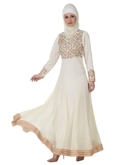 Zaeemah Net & Crepe Off White Abaya