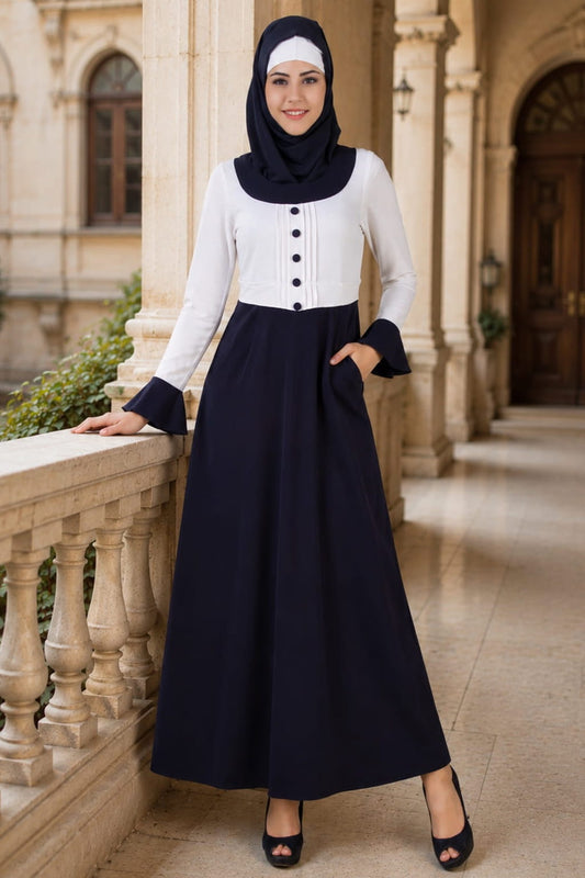 Eiman White & Navy Blue Kashibo Abaya