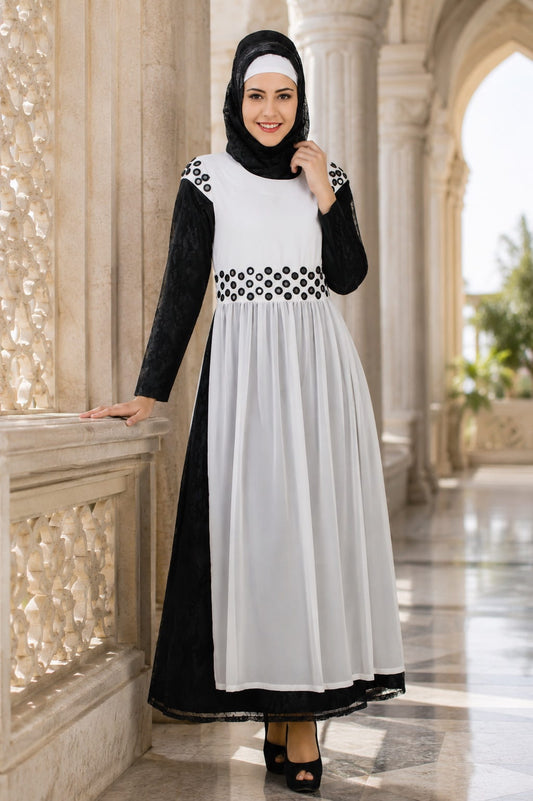 Taybah Fancy White and Black Flower Net and Nida Abaya