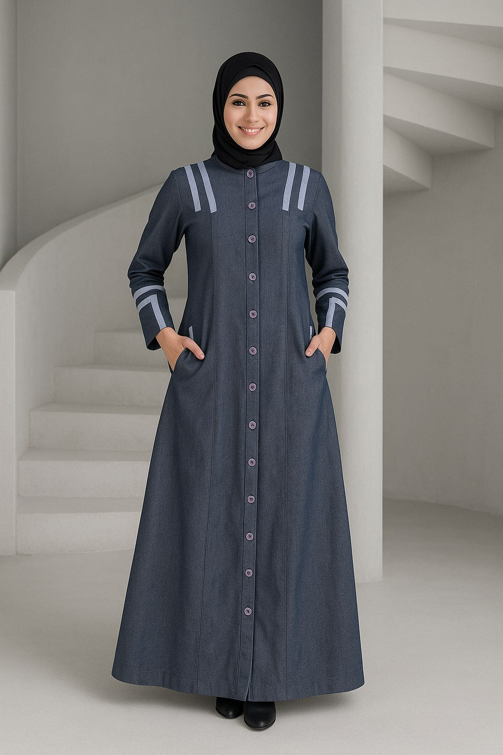 Woman wearing a long dark blue dress with white accents in a minimalistic setting.