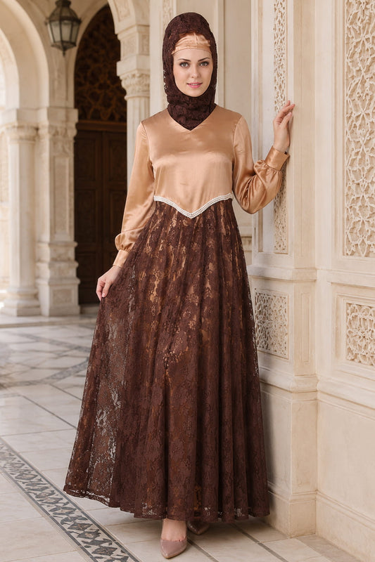 Mahrosh Copper Satin & Brown Flower Net Abaya